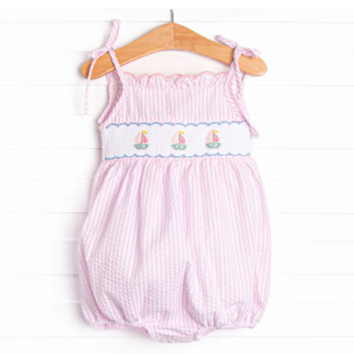 Coastal Cruise Smocked Bubble, Pink Seersucker – Stitchy Fish