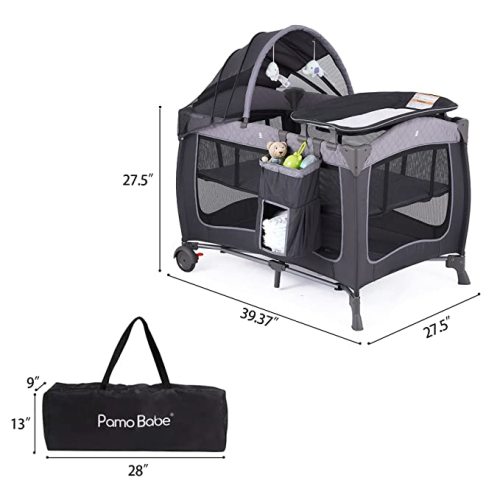 Pamo Babe Baby Playard with Canopy, Portable Crib with Changing Table