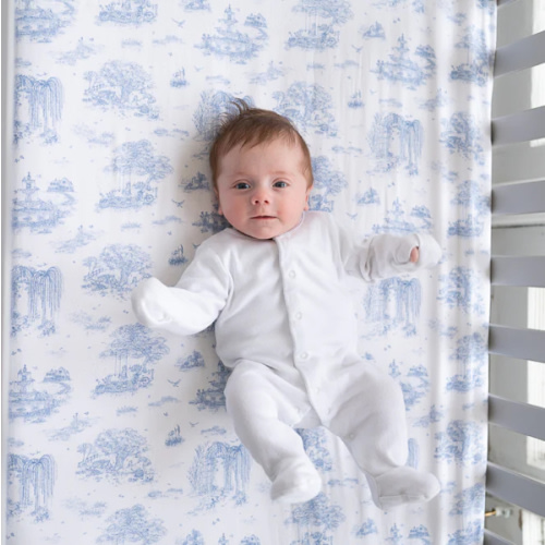 Spring Toile Blue Fitted Crib Sheet