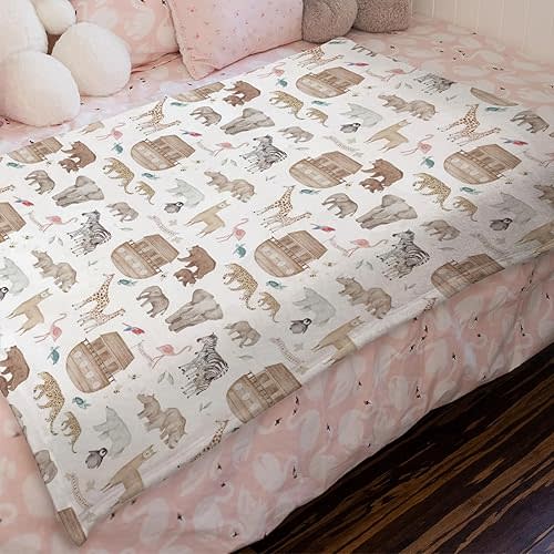 HawSkgFub Noah’s Ark Animal Boat Religious Baby Blanket Boy Girl Gift, Neutral Elephant Bear Giraffe Rhino Ship Flannel Fleece Nursery Bed Blankets, Soft Newborn Infant Toddler Kids Crib Bedding 30x40