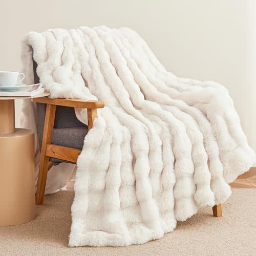 Faux Rabbit Fur Throw Blanket for Couch, Fluffy Warm Plush Thick Bubble Blanket for Bed Sofa Living Room, Soft Cozy Furry Blanket, 60x80 inches, Cream White