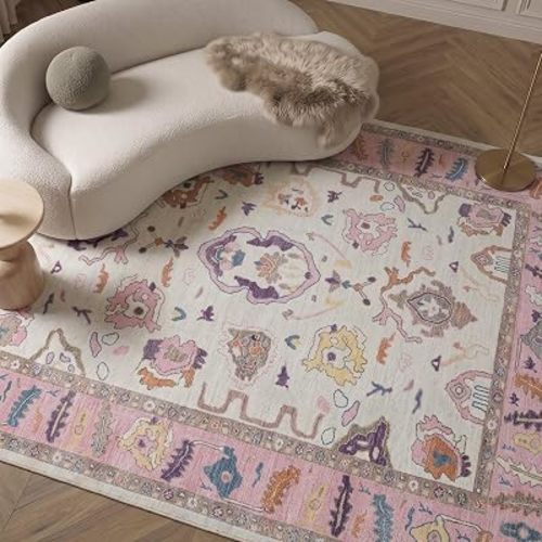 Fame Rugs Pink Beige Modern Oushak Rug 5x7, Washable Vintage Turkish Colorful Oriental Antique Inspired Area Rugs, Luxury Living Room Bedroom (390PP, 5' x 7')