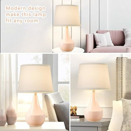 GyroVu Table Lamp Set of 2, Ceramic Table Lamp Classic Beside Lamps Nightstand Lamp Modern Table Lamp for Living Room, Bedroom & Office Rocker Swtich Pink-LED Bulbs Included - Pink;White Lampshade