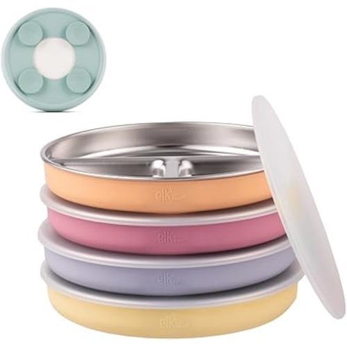 Elk and Friends Stainless Steel Divided Plates with Silicone Sleeve for Babies & Toddlers | Lids Included | Stay Put Suction | Dinner & Snack Plates | 4 Pack
