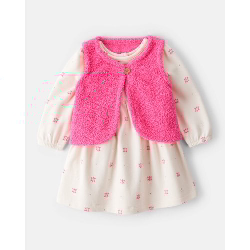 Baby Girl 2-Piece Floral Motif Sherpa Long-Sleeve Dress Set - White/Pink | Carter's