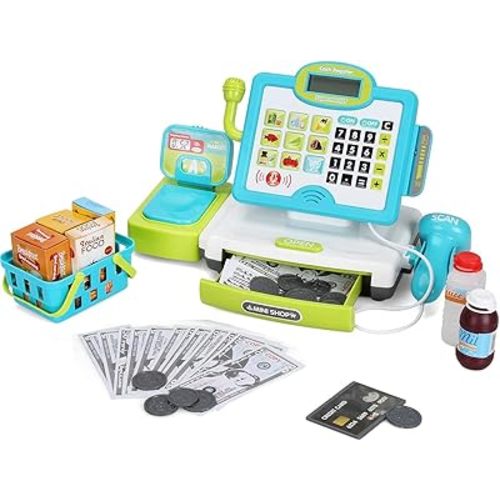 FS Pretend Play Calculator Cash Register Toy as Preschool Gift for Kids, Classic Count Toy with Sound, Microphone, Scanner, Pretend Credit Card, Play Food for Boys & Girls,45 Pieces, Ages 3 4 5 6 7