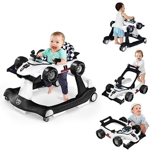 BABY JOY 4-in-1 Baby Walker, Foldable Activity Walker with Adjustable Height & Speed, Music, Lights, Anti-Rollover, Toddler Push Walker, Baby Walker with Wheels for Boys Girls 6-18 Months (White)