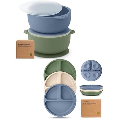 Keababies 2-Pack Baby Bowls with Suctions, Lids and Suction Plates for Baby, Toddler - Silicone Suction Bowls for Baby Boy, Girl, Silicone Bowl BPA-Free - 3-Pack 100% Silicone Baby Plates with Suction