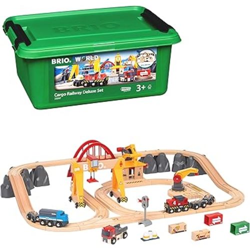 BRIO 33097 Cargo Railway Deluxe Set - 54 Piece Interactive Train Toy | Enhanced Wooden Tracks | Perfect for Kids Age 3 and Up | Compatible with All BRIO Railway Sets | FSC Certified Wood