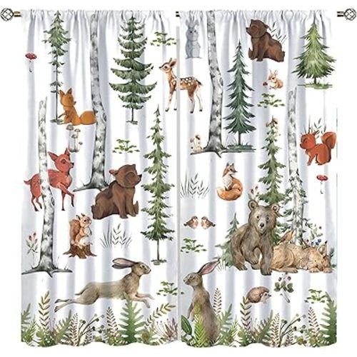 Animal Kids Curtains, Woodland Squirrel Rabbit Bear Animal Friends Forest Curtains for Boys and Girls Bedroom Living Room Kitchen 42x54 Inch