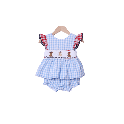 Smocked Blue Gingham Patriotic Pup Bloomer Set