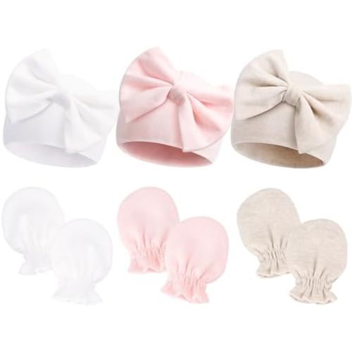 Newborn Hospital Hats Gloves Baby Infant Bow Beanie Cotton Caps No Scratch Hat Mittens Set for 0-6 Months