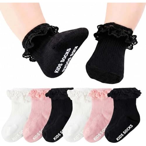 6 Pairs Baby Girl Ruffle Socks with Grips,Non-Slip Grippy Socks