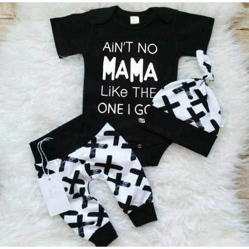 Newborn Kid Baby Boy 3pcs Clothes Jumpsuit Romper Bodysuit Pants Hat Outfits Set Black 0-3 Months