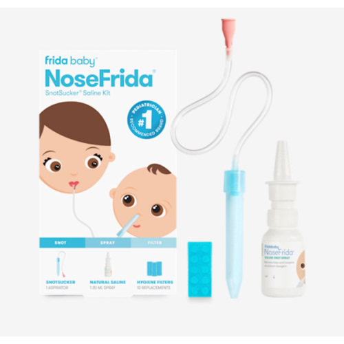 Frida Baby Saline Kit, Includes NoseFrida Nasal Aspirator for Baby, Baby Nose Sucker, Saline Nasal Spray for Babies with 10 Extra Hygiene Filters, Nasal Spray Decongestant, 0.68 fl oz