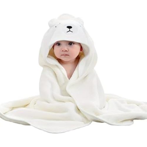Hooded Baby Bath Towel, Soft White Polar Bear Design, 31.5 x 31.5 inches, Quick-Dry Absorbent with Lint Roller