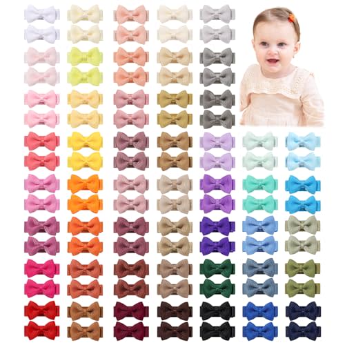 YHXX YLEN Baby Hair Bows for Girls Mini Fully Lined Hair Bows Grosgrain Ribbon 1.2" Tiny Baby Hair Clips for Baby Girls Infant Fine Hair 100PCS (50 Colors in Pairs)