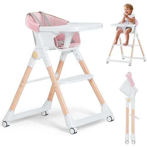 Baby High Chair, High Chairs for Babies and Toddlers, Convertible Folding High Chair with Removable Tray 5 Point Harness Footrest Detachable PU Cushion, Portable Highchair for Baby Toddlers