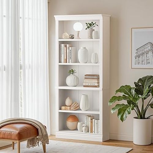 Furniwell Bookcase Bookshelves, 5-Shelf Tall Bookcase 71" Wood Open Display Floor Bookshelf, Large Storage Organizer for Library, Bedroom, Living Room (White)