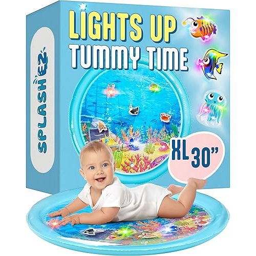 SplashEZ Lights Up Tummy Time Water Mat for Babies, 30" X-Large Baby Water Mat Tummy Time for Sensory Play with LED Glowing Fishes, Inflatable Fun Play Pad for Infants & Toddlers 3 to 36 mo