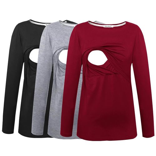 3 Pcs Long Sleeve Nursing Top, Wine-Black-Grey, size small