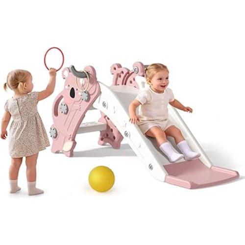 Babytronic Toddler Slide Indoor & Outdoor Playground, 4-in-1 Baby Slide with Climber, Basketball Hoop & Ring Toss, Foldable Freestanding Kids Slide, Climber Playset for Toddlers Ages 1-3, Pink