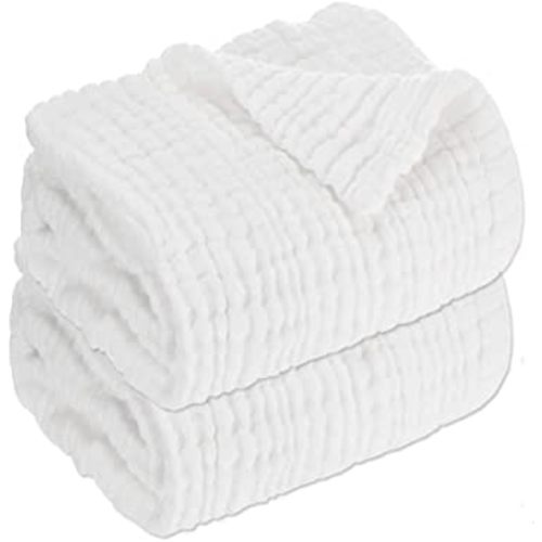 Aablexema Baby Muslin Bath Towels - Set of 2 Large Size 43X43 Inches Swaddle Blanket for Newborn Toddlers Boys Girls - Suitable for Baby's Delicate Skin(White)