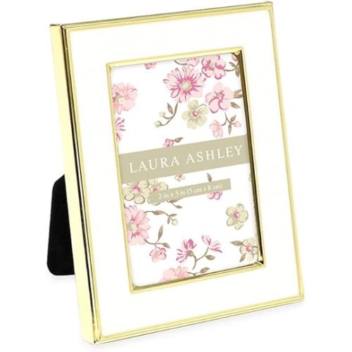 Laura Ashley 2x3 White Enamel Picture Frame, Gold Metal Edge with Easel, for Countertop, Counterspace, Tabletop Display, Bookshelf, Desk, Wall Décor, Photo Gallery (2x3, White W/Gold)