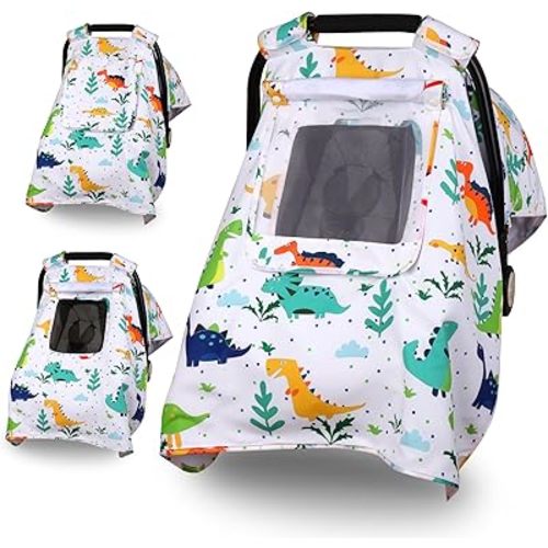 Baby Car Seat Cover, Infant Carseat Canopy with 3 Layers Windows, Breathable Mesh Peep Window, Kick-Proof Carrier Cover for Boys Girls, Windproof Stroller Cover Shower Gift for Newborn