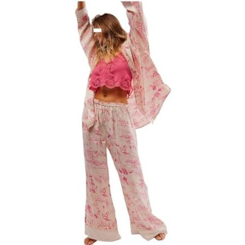 LILTWIST Silk Satin Pajamas Set for Women 2 Piece Floral Pjs Wide Leg Lounge Pants Set Long Sleeve Button down Pj Shirts Set
