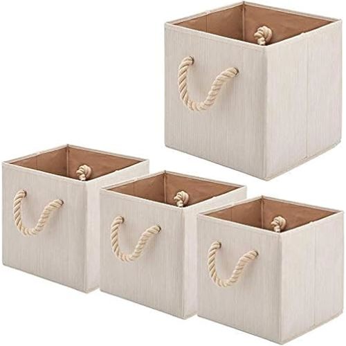 Foldable Bamboo Fabric Storage Bins [set of 4] with Cotton Rope Handles, Collapsible Organizer Boxes Basket - 10.5 x 10.5 x11 inch (Beige)