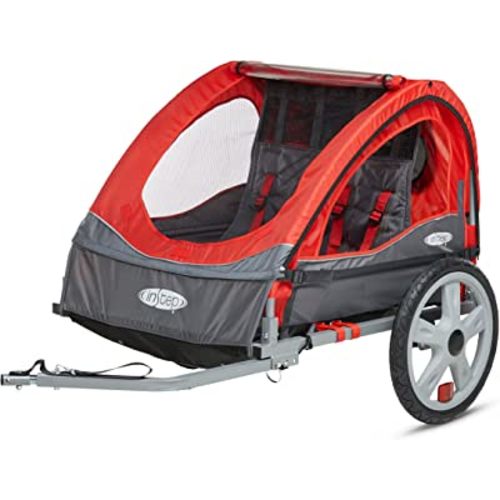 Sincronizar y tomar 2 remolques de bicicleta para niños, opciones de asiento individual y doble, arnés de 5 puntos, marco plegable, ruedas de liberación rápida, fácil almacenamiento, con