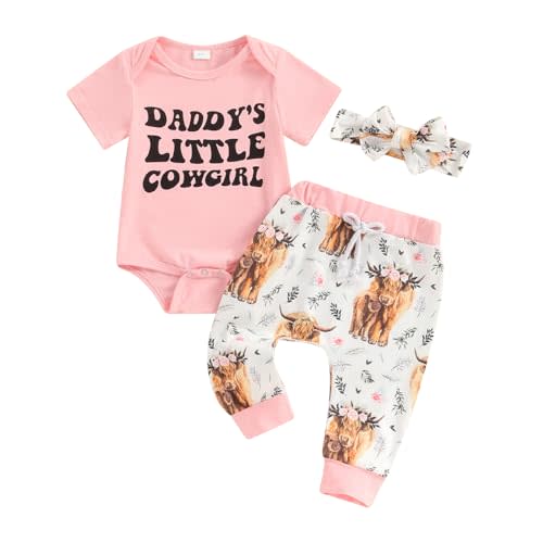 Karuedoo Newborn Baby Girl Western Outfits Letter Print Short Sleeve Romper Highland Cow Long Pants Headband 3Pcs Clothes Set
