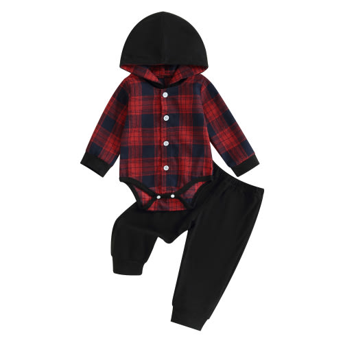 Qtinghua Newborn Baby Boy Fall Winter Outfits Plaids Long Sleeve Hooded Romper and Elastic Pants Clothes Red 0-3 Months