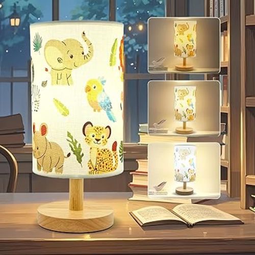 Kids Table Lamp-Night Light for Boys Room,3-Color LED Desk Lamp,with Baby Elephant Zebra Giraffe Tiger Pattern Bedside Lamp Safari Animal Lampshade and Wood Base for Living Nursery Child Room study