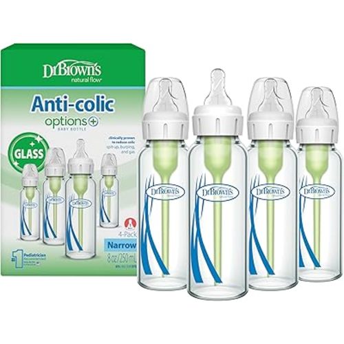 Dr. Brown's Anti-Colic Options+ Narrow Glass Baby Bottle with Level 1 Slow Flow Nipple, BPA-Free, 8 oz/250 mL, 0m+, 4-Pack (Packaging May Vary)