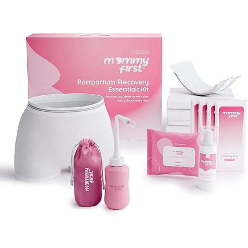 Mommy First® Postpartum Essentials Recovery Kit – Thinnest Perineal Ice Packs, Witch Hazel Healing Foam, Witch Hazel Liners, Upside Down Peri Bottle & Postpartum Underwear for Postpartum Recovery