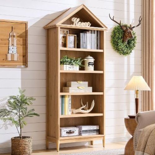 Bookshelf with Adjustable Shelves, 75.9" Tall Wide Bookshelf with Storage, 5 Tiers Open Shelves Bookcase with Triangular Top, Natural