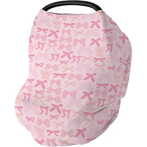 Girl Pink Bows Car Seat Covers for Baby Valentine Bows Stretchy 5-in-1 Cover Adjustable Infant Carseat Canopy Cover Spring Pink Ribbons Breathable Nursing Cover-Up