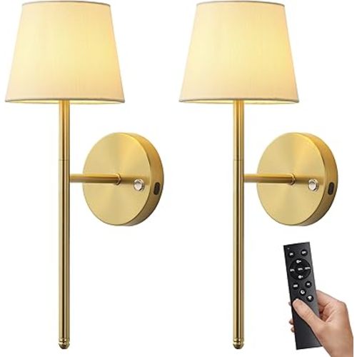 Gold Wall Sconces Set of Two, Small Rechargeable Battery Operated Wall Lamp with Remote, 5200mAh Cordless Wall Lights with Fabric Shade for Bedside, Bedroom, Nursery, Kitchen, Night Light