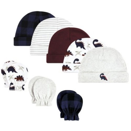Hudson Baby Infant Boy Cotton Cap and Scratch Mitten Set, Burgundy Dino, 0-6 Months