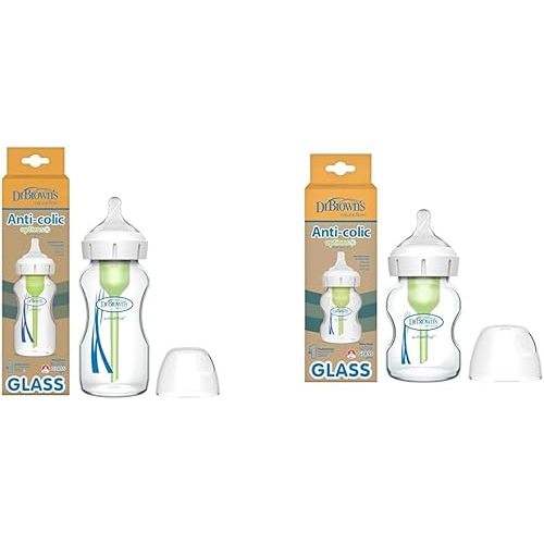Dr. Brown's Anti-Colic Options+ Wide-Neck Glass Baby Bottles, 9 oz & 5 oz with Level 1 Slow Flow Nipples, 2 Pack