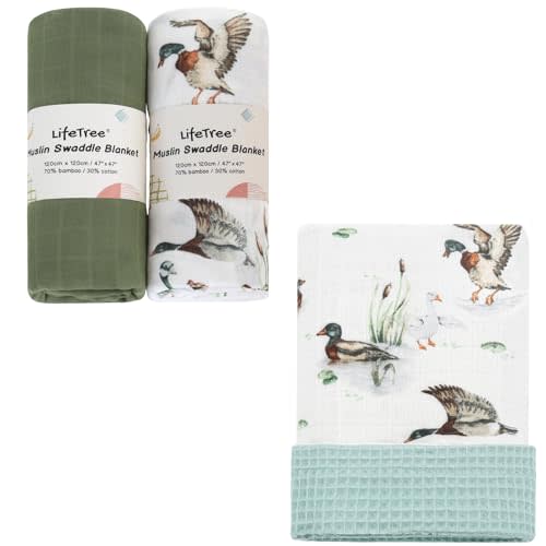 LifeTree Muslin Swaddle Blankets Neutral, Baby Waffle Swaddling Wrap Nursery Blanket for Boys Girls Newborn, 70% Viscose from Bamboo and 30% Cotton