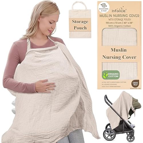 Organic Cotton Nursing Cover - 43 x 28 Inch Breathable Muslin Breastfeeding Cover, Multi-Purpose for Women (Ivory)