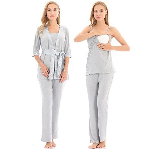 Bearsland Maternity Women's 3 Pieces Soft Nursing Pajamas Set Postpartum Sleepwear for Breastfeeding
