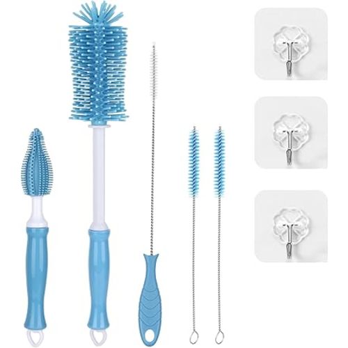Portable Bottle Brush Set - Baby Bottle Cleaner Kit with Silicone Brush, Nipple Brush, Straw Brush, Bottle Cleaning Tool for Home and Travel