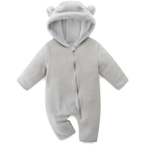 Baby Jumpsuit with Cute Bear Hoodie Hat Warm Fleece Lined Newborn One-piece Rompers for Winter 0-18 Month