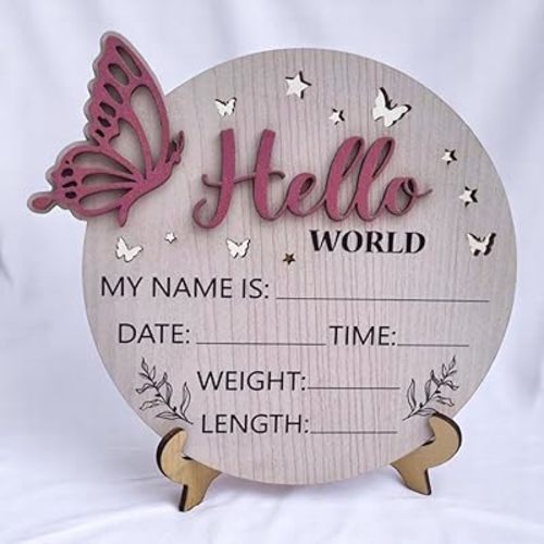 AXAHUHA Hello World Birth Announcement Sign for Newborn, Birth Stats Sign, Pink Sign, Purple butterfly Sign, Reveal Plaque with Butterfly Design and Engraved Birth Details (Pink Butterfly)