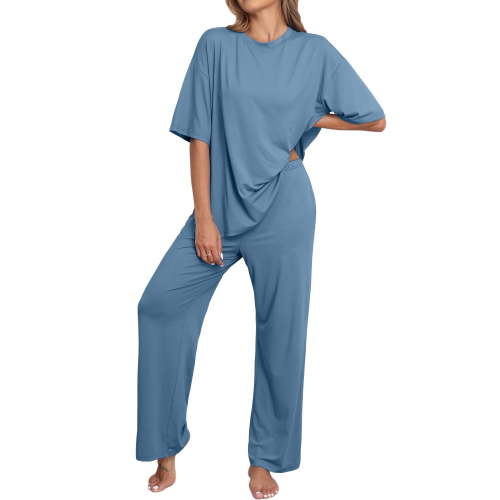 MINTREUS Lounge Sets for Women, Knit Short Sleeve Tops and Wide-Leg Pants, Soft Oversized Pajamas
