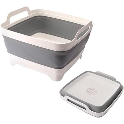 2.4 Gal(9L) Collapsible Dish Basin, Foldable Wash Basin with Drain Plug, Portable Dish Tub Space Saving Multiuse Sink Tub for Baby Bottles, Fruit, Vegetable, Kitchen, Laundry, Picnic, Camping (Gray)